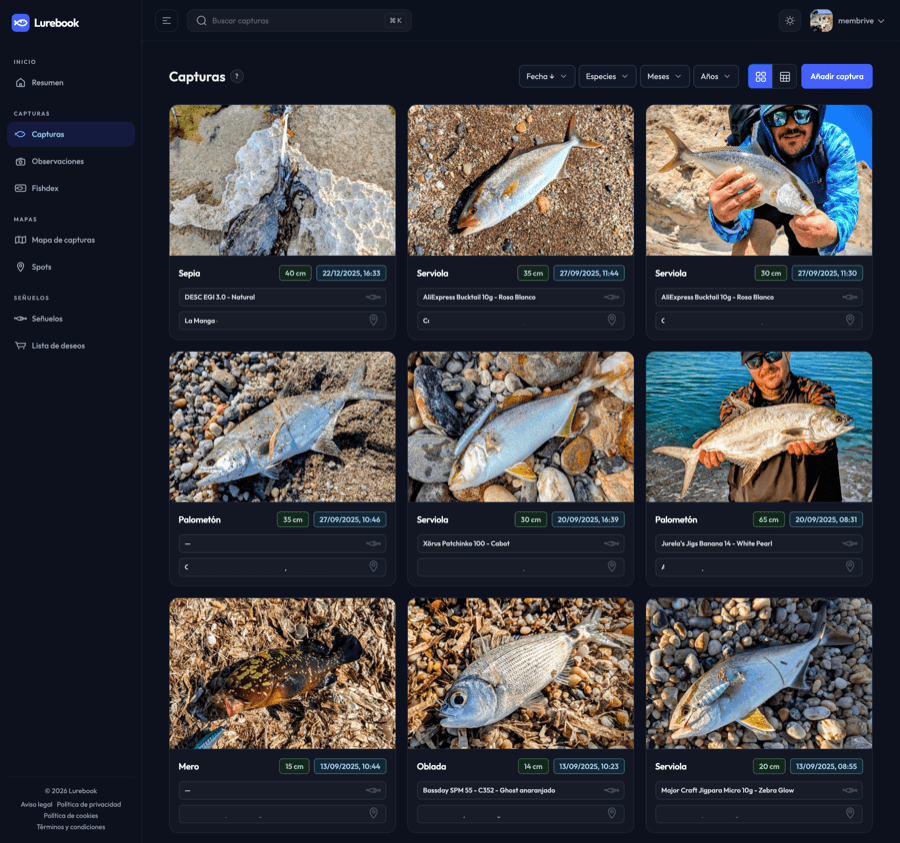 Lista visual de capturas en Lurebook