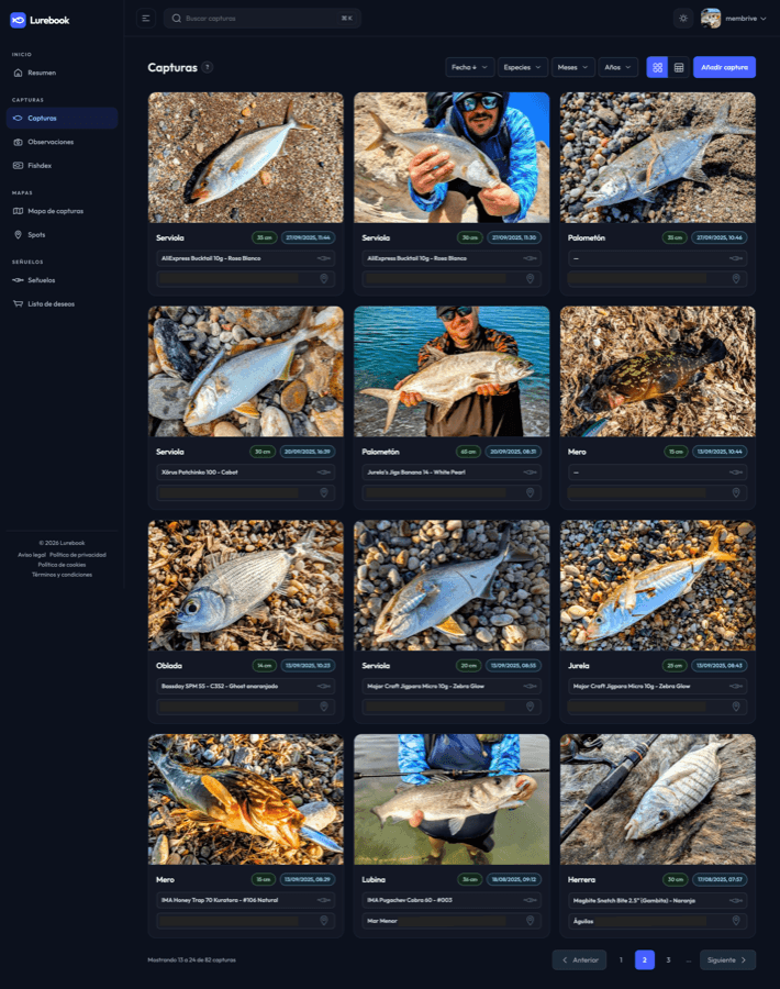 Lista visual de capturas en Lurebook